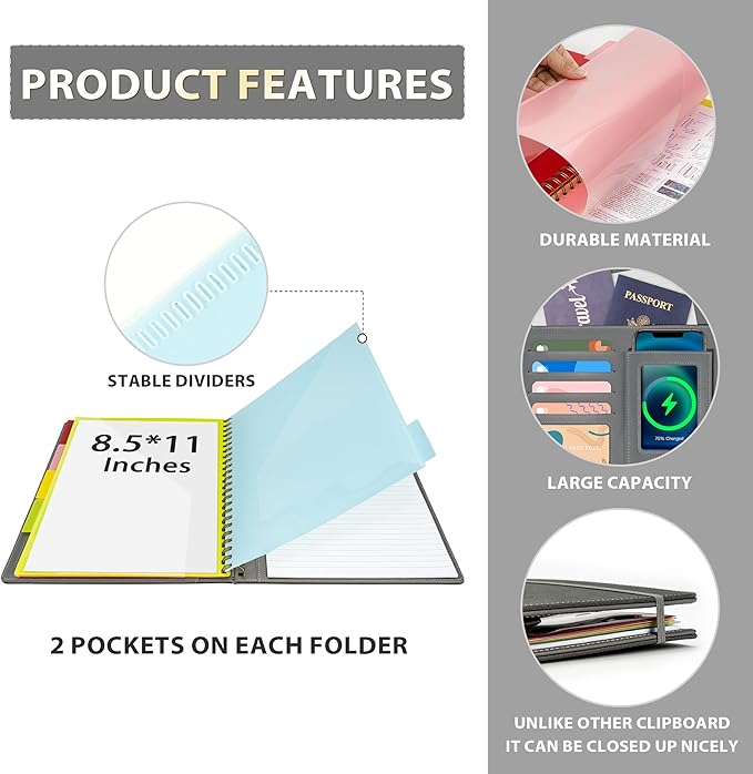 Ospelelf Clipboard with Storage for Men Women, Leather Padfolio Portfolio Organizer 5 Folders with 10 Pockets, Spiral Clipboard Folio with Notepad for Letter Size, Elastic Closure and Pen Loop Grey