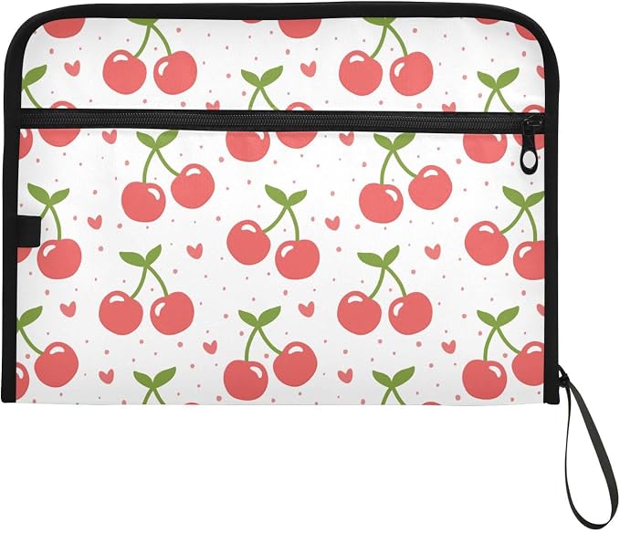 Cherry Fruit Heart Cartoon File Folders,Plastic Folders with 13 Pockets,Expandable File Folder for Documents School Students Office,Aesthetic Folder with Labels A4 Letter Size