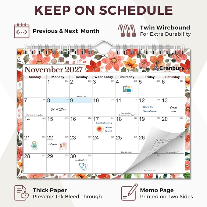 CRANBURY Wall Calendar 2026-2027, 8x6", 18 Months Jul. 2026 to Dec. 2027, Thick Paper, Small Desk & Wall Planner for Office, School, Mini Monthly Hanging Calendar with Stickers, Floral