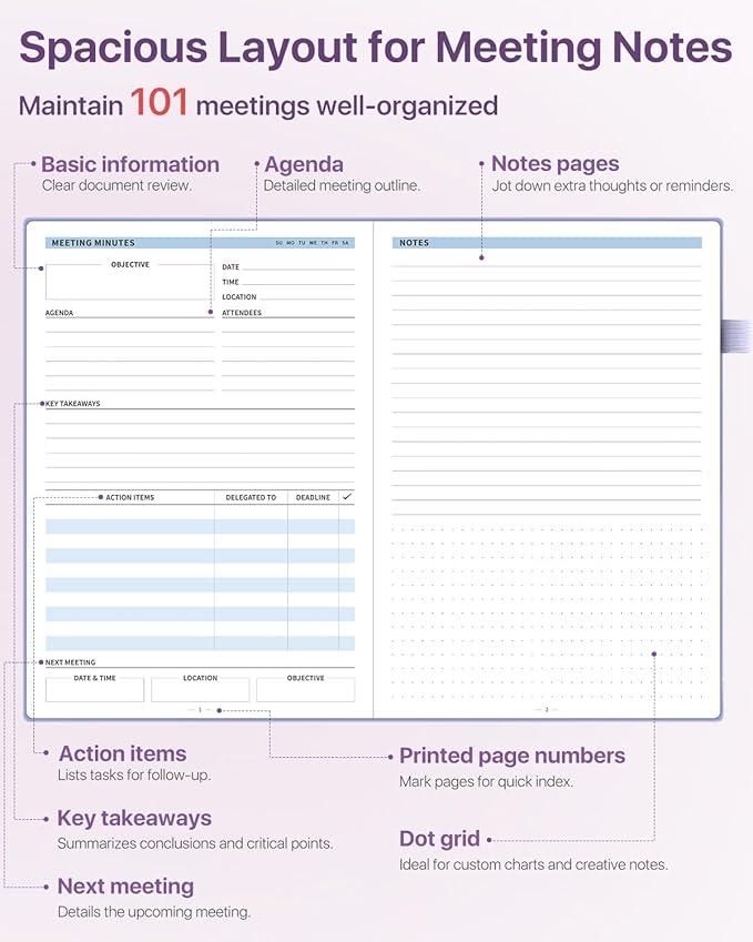 WEMATE Meeting Notebook for Work, Work Planner Notebook With Action Items, B5 Size Project Planner, Easily Take Meeting Notes & Keep Agendas on Track, Calender, Index Page, Inner Pocket, 7×10 Inch, Purple