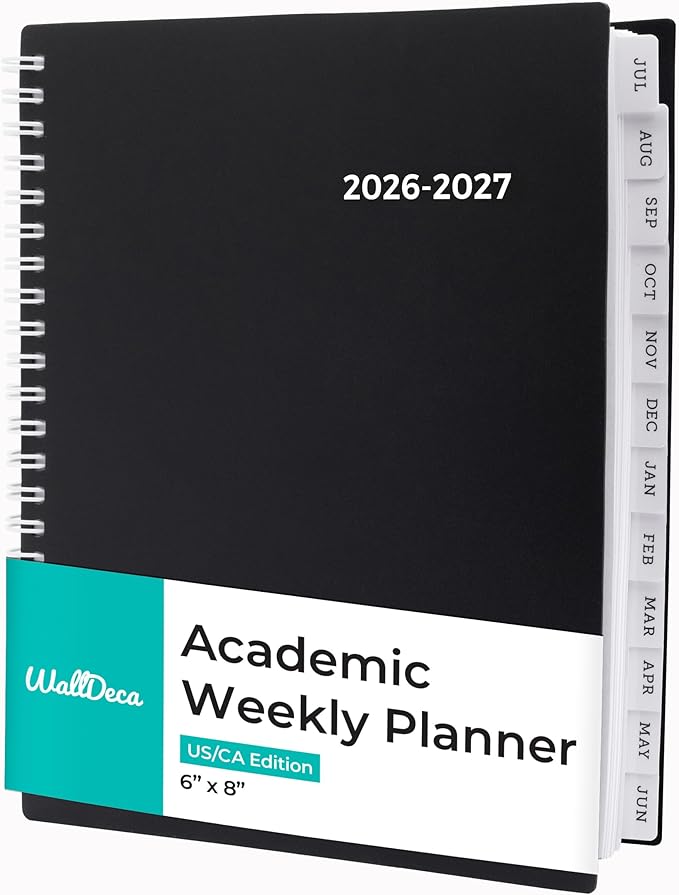 WallDeca Academic Planner 2026-2027, Daily, Weekly & Monthly Planner, July 2026 - June 2027, Student Notes Pages, Twin-Wire Binding Day and Weekly Agenda for School & Work (8 x 6-Inches, Black)