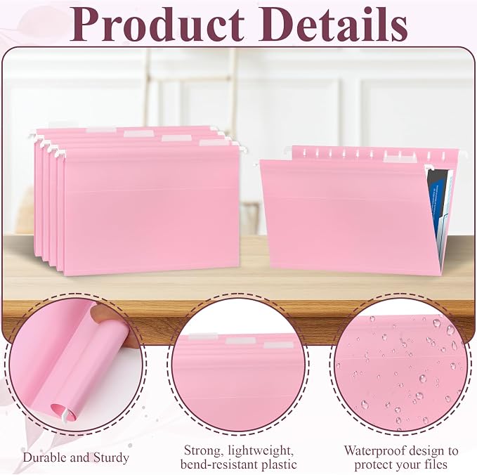 Letter Size Pink Hanging File Folders Hanging Document Folder Plastic Transparent Hanging File Folder for File Cabinets Document Filing (10, Pink)