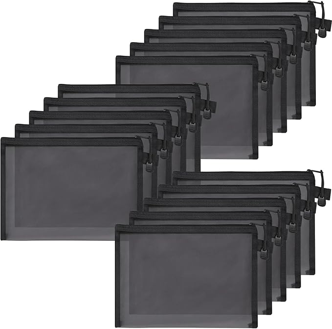 15-Piece Nylon Mesh Zipper Pouch Set - Black Makeup Bags, Cosmetic Pouches, Travel Bags (9.5 x 7.5 Inch)