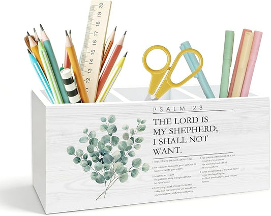 Christian Pen Holder for Desk, Christian Gifts for Women, Psalm 23 the Lord Is My Shepherd Bible Verse Wooden Box Pencil Pen Holder Organizer for Home Office Desk Accessories
