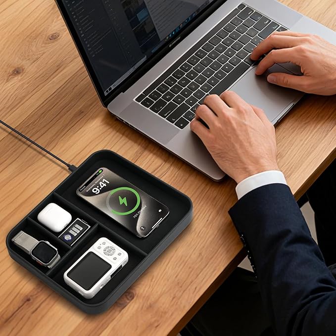 VOVIPO Birthday Gifts Bedside Organiser-Faux Leather Valet Tray With Wireless Charger For Phone And Earbuds,Nightstand Organizer,Mens Jewelry Box,Office Desk Organizers