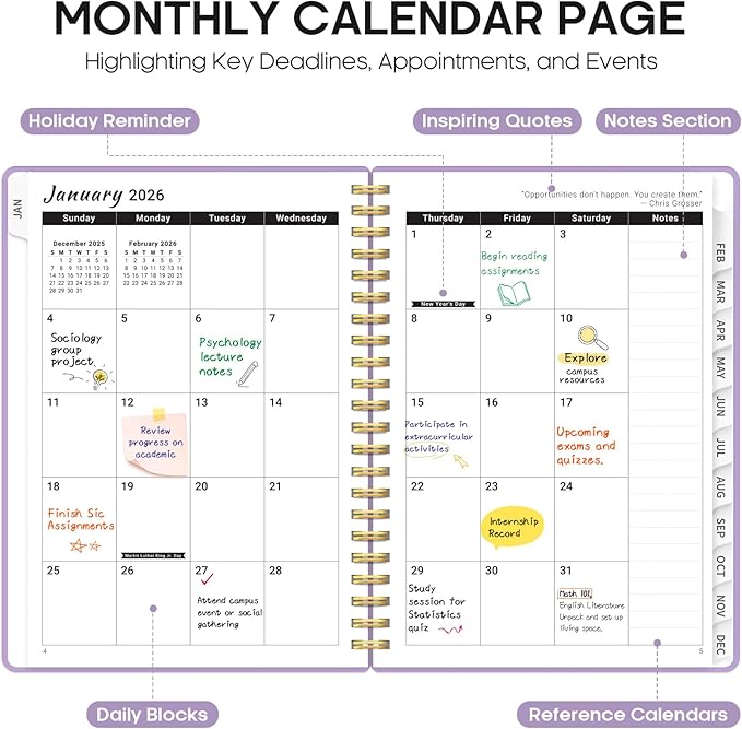 2026 Planner, Weekly and Monthly Calender Planner, Jan 2026 to Dec 2026, Hardcover 2026 Calendar Book with Tabs & Inner Pocket, Office Home School Supplies for Women & Men - A5 (6.3" x 8.5"), Purple