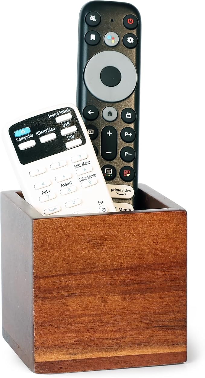 Remote Control Holder, Wooden TV Remote Holder for Table, Remote Organizer Caddy for Home Decor, Remote Box for Nightstand, Brown, 1 Slot - 3.5 Inch
