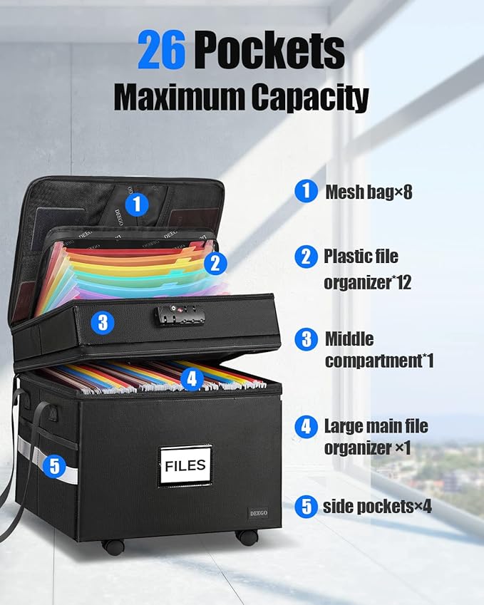 DEEGO Rolling File Box, Fireproof Document Box with Wheels Multi-Layer Water-Resistant File Organizer Portable file Cabinet Document Safe filing box for Home Office for Hanging Letter/Legal Folder