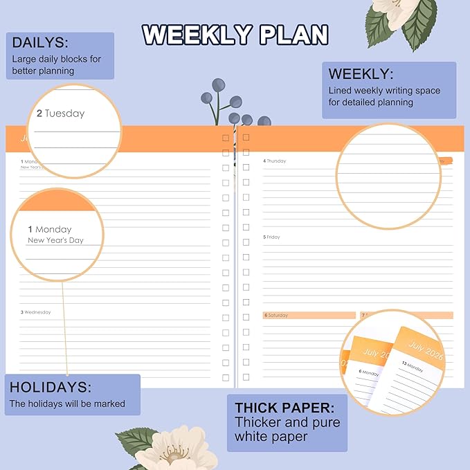 CAGIE 2026 Planner Weekly and Monthly Dec 2025–Dec 2026 Hardcover Planner with Pockets, 13 Month Large Blue Flowers Calendar Planner with Stickers Tabs, Spiral Bound Yearly Calendar Planner for Women, 8.3" x 9.3"