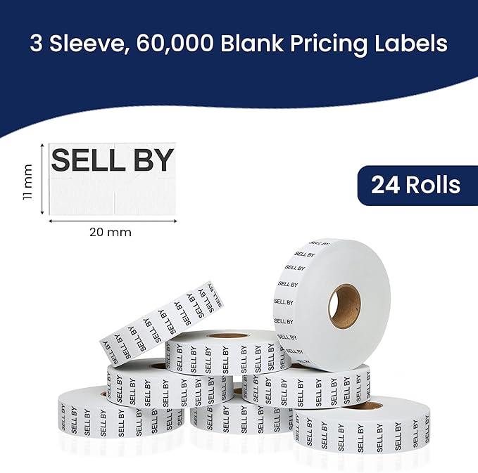 Perco Sell BY Labels for Monarch 1131 Price Gun - Buy 2 Sleeves Get 1 Free! 24 Rolls, 60,000 Labels - with Bonus Ink Rolls