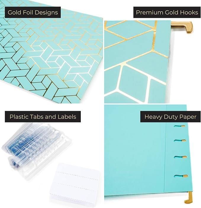 BLU MONACO | Decorative Hanging File Folders Letter Size 12 Pack | Aqua Plastic Hanging File Folders with Gold Foil | Hanging Legal File Folders with Tabs and Dividers