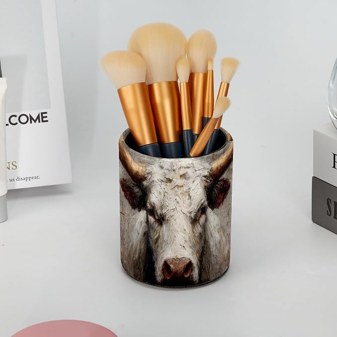 Watercolors Highland Cow Pen Holder Pencil Organizer for Desk, 3.1” x 3.1” x 3.9” Pencil Cup Office Supplies, Large Capacity Cute Pen and Makeup Brush Holder for Desktop, Home, School