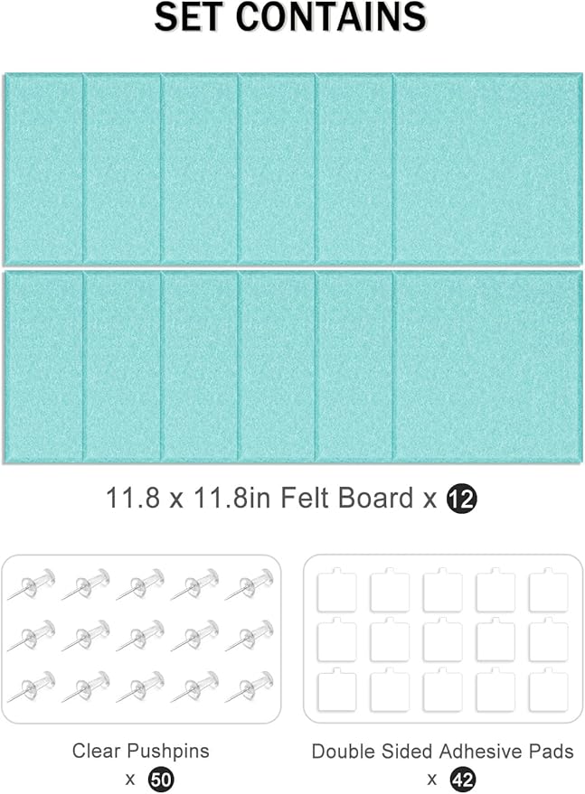 Hsurbtra Large Cork Board for Wall 47 x 36 Inch, 12 Pack Felt Bulletin Notice Board with Pushpins for Office Home School Farmhouse Wall Decor, Lake Blue