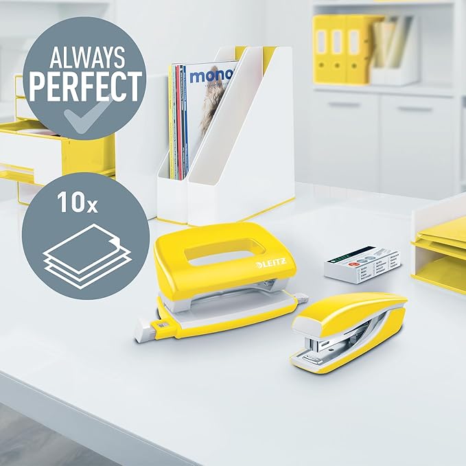 Leitz 55612016 Mini Stapler and Hole Punch Set, Staple or Punch Up to 10 Sheets, Includes P2 N°10 Staples, Wow Range, Yellow