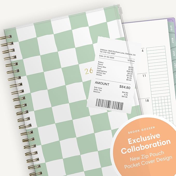 Blue Sky Brook Gossen 15 Month 2026-2027 Weekly and Monthly Academic Year Planner Calendar, April 2026 - June 2027, 5" x 8", Flexible Cover With Zip Pouch, Wirebound, Laminated Tabs, Storage Pocket, Green Check