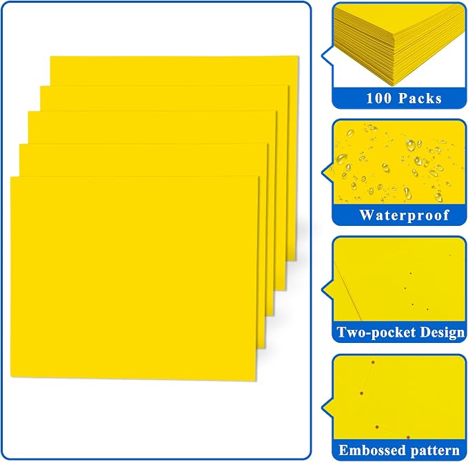 Zzrywuty 100 Packs Yellow Two Pocket File Folders with Business Card Slot,Textured Paper,Letter Size,Holds 100 Plus Sheets for School,Office,Business