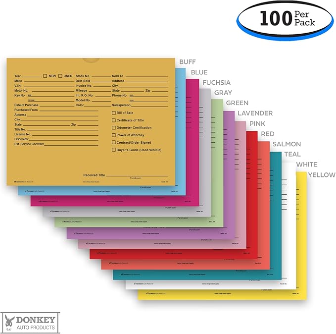 Printed Vehicle Deal Envelopes 9x12 Deal Jackets (100 shrink wrapped) (Buff)