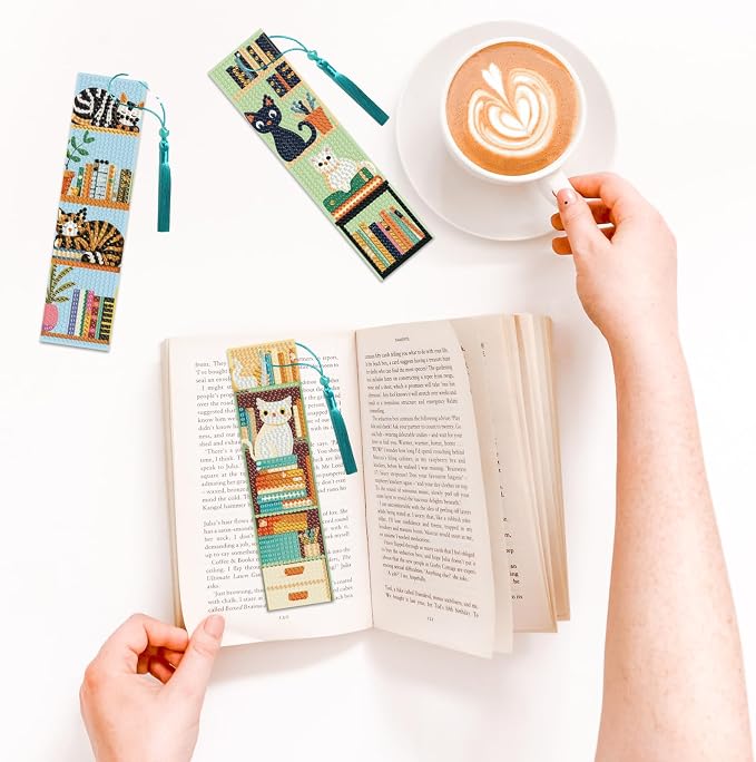6Pcs Cat Reading Diamond Art Bookmarks Books Diamond DIY Painting Bookmarks Bookshelves Rhinestones Beaded Acrylic Tassel Bookmark for Adult Beginner Crafts