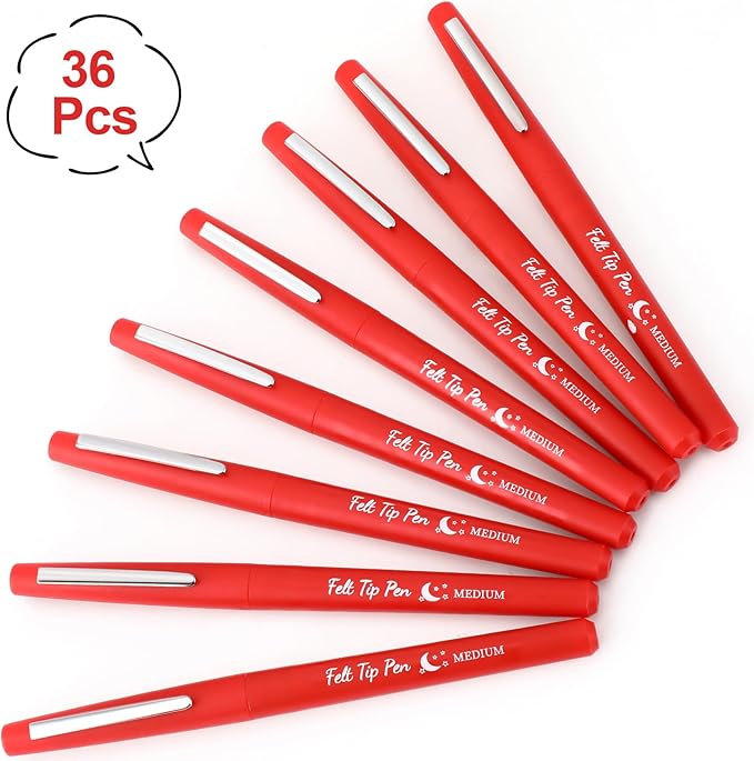 Fuyoooo 36 Pcs Red Felt Tip Pens 0.7mm Medium Point Felt Tip Marker Pens Bulk, No Smear, Quick Dry for Journaling Planner Writing Note-taking Art Office and School Supplies