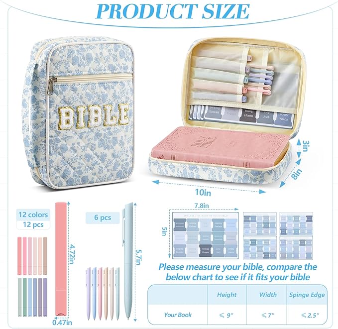 Sinload Quilted Bible Cover Case for Women Large Carrying Bag with Organizer Tabs 6 Colored Pens 6 Highlighters Book Tote Bags with Handle Bible Carry Supplies Christian Gifts(Blue Floral)