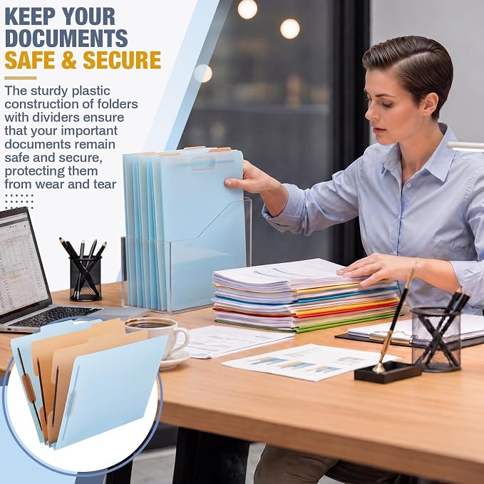 12 Pack Plastic Classification Folders with 2 Dividers & Fasteners, Heavy Duty 3.5” Expansion Letter Size File Folders for Law Client Files, Medical Records & Office Reports(Light Blue)
