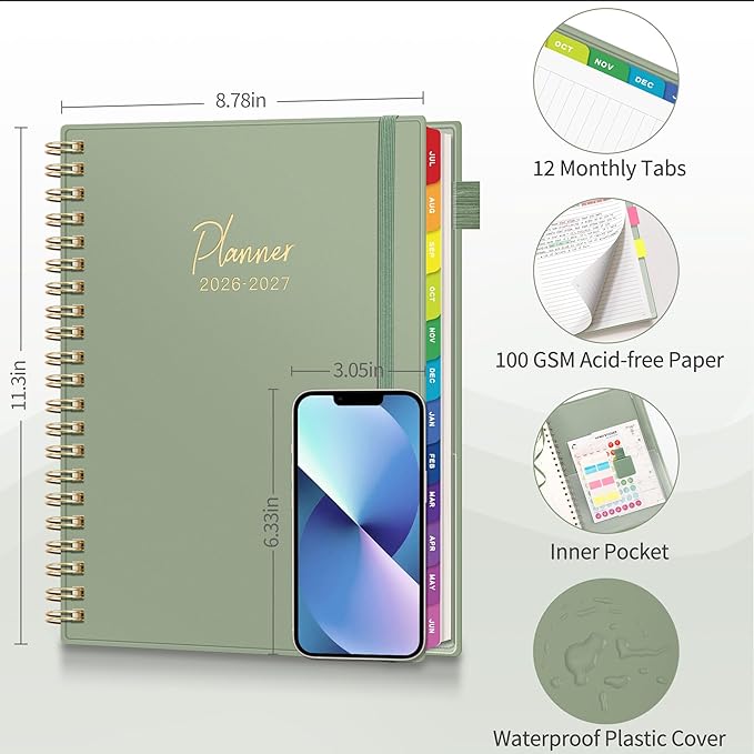 EMSHOI 2026-2027 Appointment Book, A4 15-Minute Hourly Planner, July 2026 - June 2027, Academic Planner Weekly and Monthly, 100GSM Thick Paper, Flexible Cover, Note Pages, Colorful Tabs, Light Green