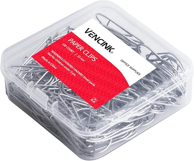 100 Pieces Silver Cute Paper Clips Medium, Smooth Stainless Steel Drop-Shaped Wire Paperclips for Office Supplies Wedding Women Girls Kids Students by VENCINK (1.3 inch/33 mm)