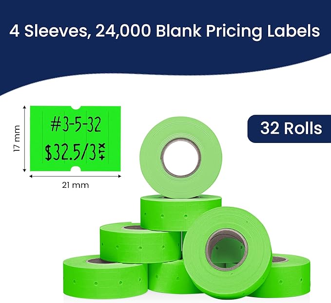 Perco 2 Line Fluorescent Green Labels - 32 Rolls, 4 Sleeves, 24,000 Blank Price and Date Gun Labels for Perco 2 Line Price and Date Guns - Made in USA