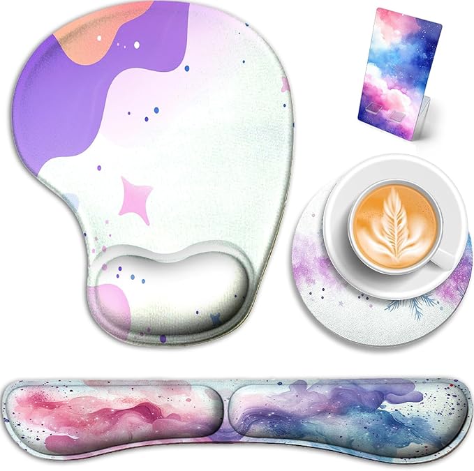 AQQA Colorful Star Large Mouse Pad Set, Pink Desk Mat for Desktop, Women Girls Purple Waterproof Desk Pad,Mouse Wrist Rest+Coaster Ergonomic Design for Home Office Computer 31.5x15.7Inches