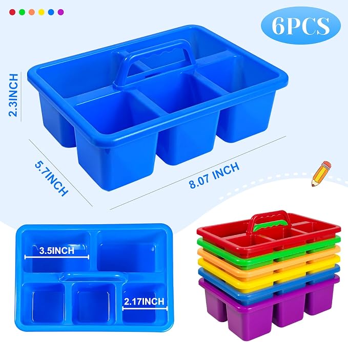6PC Classroom Caddy, 7.87 x5.9x 3.35 Inches,5 Compartment Small Caddy with Handle, Craft Art Caddies for Pencil, Crayon, Marker, Home, Office, School Supplies