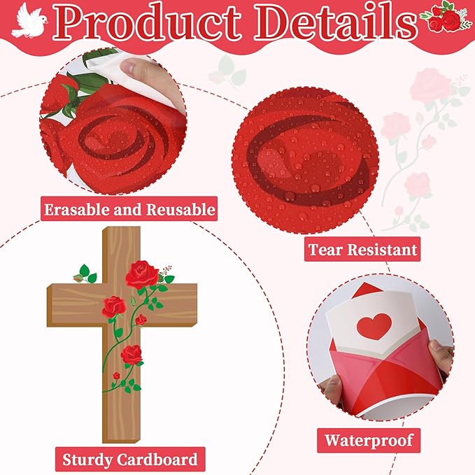 Valentine's Day Christian Bulletin Board Set Religious Bible Verse Classroom Decoration Inspirational Jesus Rose Cross Paper Cutouts Heart Bulletin Board Border for Church Sunday School VBS Wall Decor