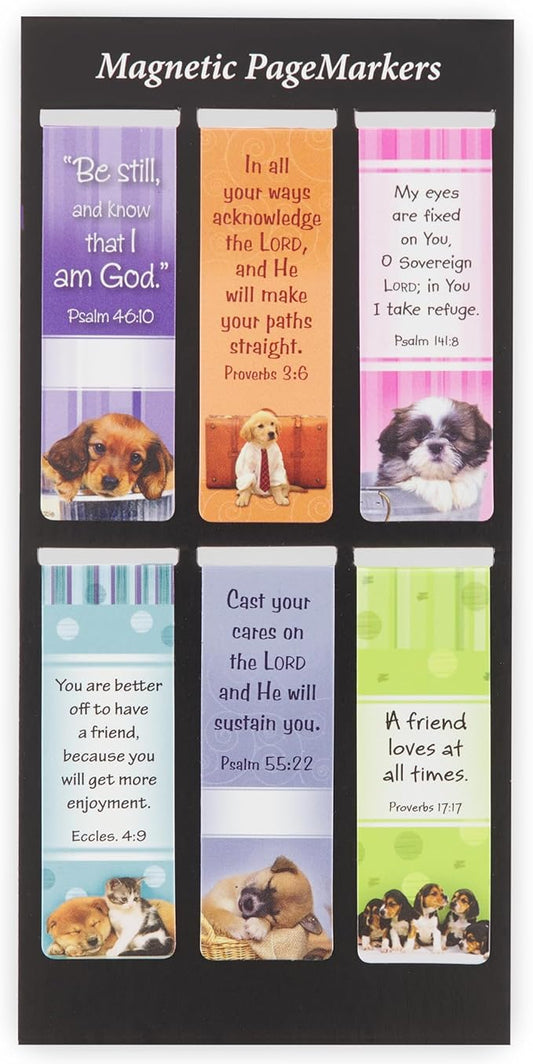 Christian Art Gifts Magnetic Scripture Bookmark Set with Bible Verse: Be Still - Psalm 46:10 Inspirational Puppy-Themed Magnetic Bible Verse Pagemarker Set of 6 for Bibles and Books, Size 2.3" x 0.8"