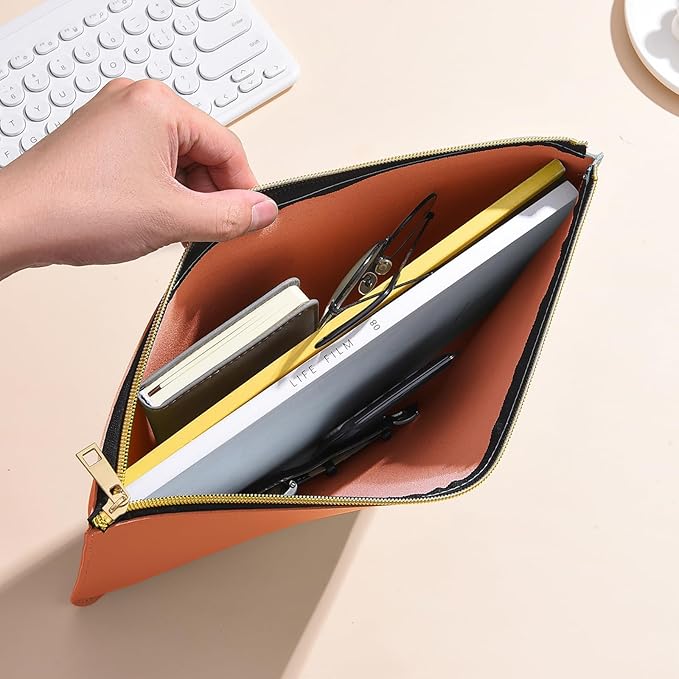 Enyuwlcm PU Leather A4 File Folder Zipper Document Holder Envelope Folder Case for Receipt Contract (1, Orange)