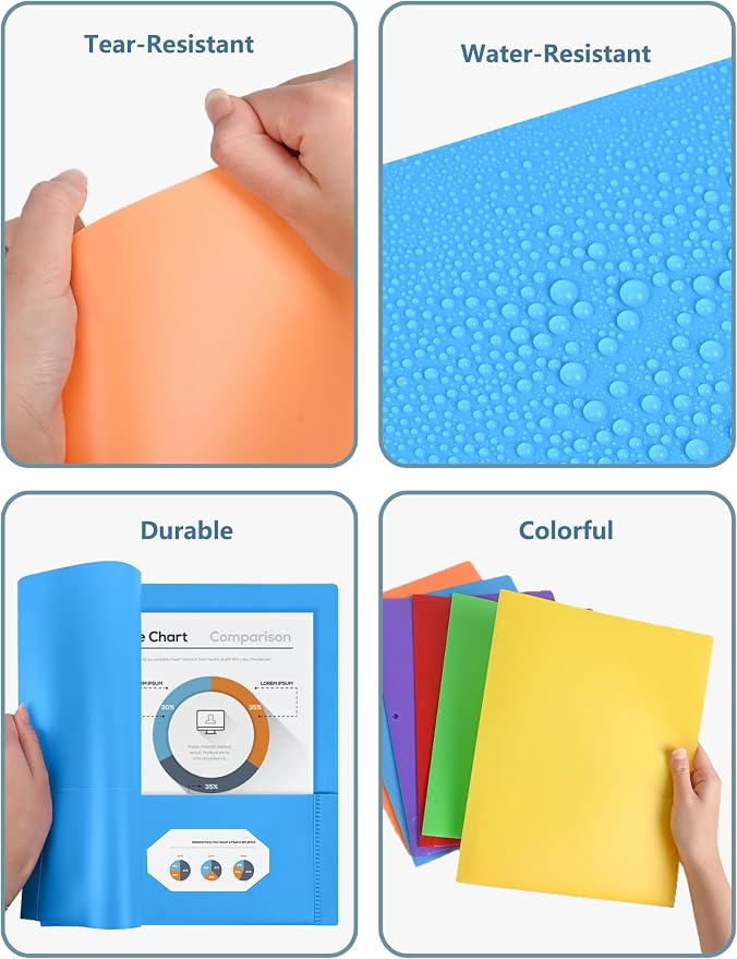 Cesil 6 Pack Folders with Pockets 3 Hole Punched, Plastic Pockets Folders for 3 Ring Binder with Labels, Heavy Duty Binder Folder, 2-Pocket Folder for Document, Colored File Folders Letter Size