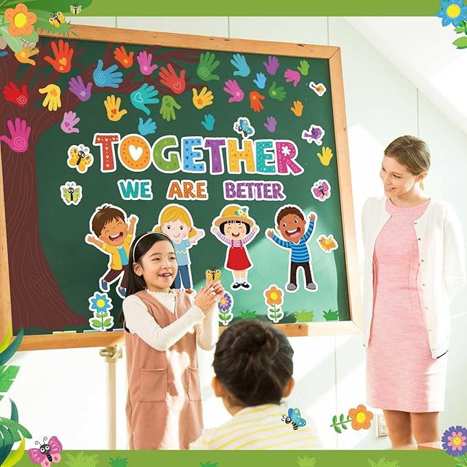 Pasimy Student Diversity Bulletin Board Sets Boho Classroom Decor Rainbow Equality Tree Handprint Cutouts Inclusion Multicultural Bulletin Board for Back to School Wall Door Decorations(Cartoon)