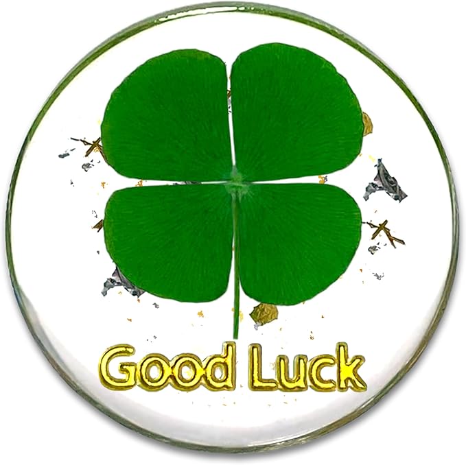 Real Four Leaf Clover Good Luck Pocket Token, Preserved Flower Resin Charm Gold Silver Foil, Real Clover for Wallet, Purse, Bag (Round Good Luck)