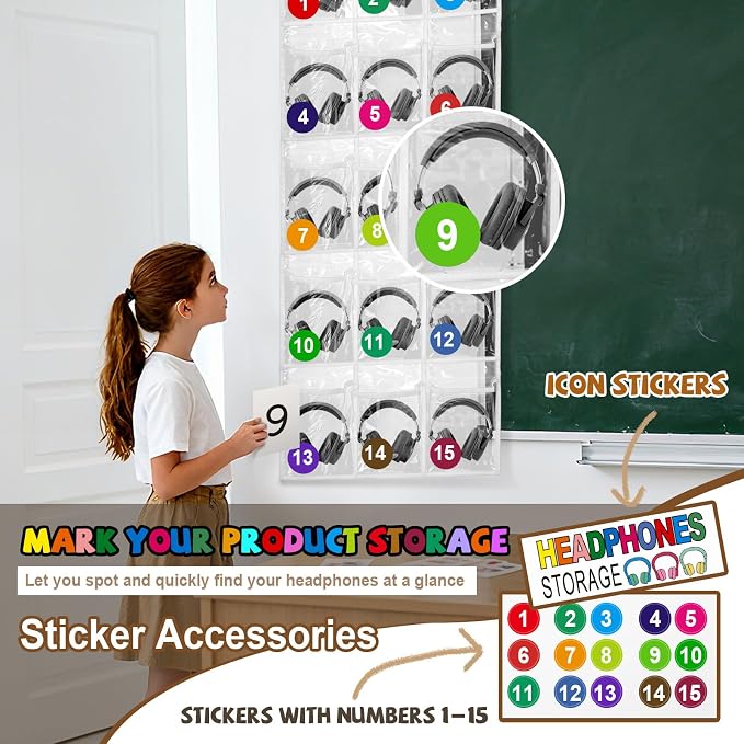 Headphone Storage Classroom Headphone Organizer 15 Pockets PVC Clear Organizer Holder for School Cell Phones Calculators, With Headphone Storage Stickers & Digital Stickers