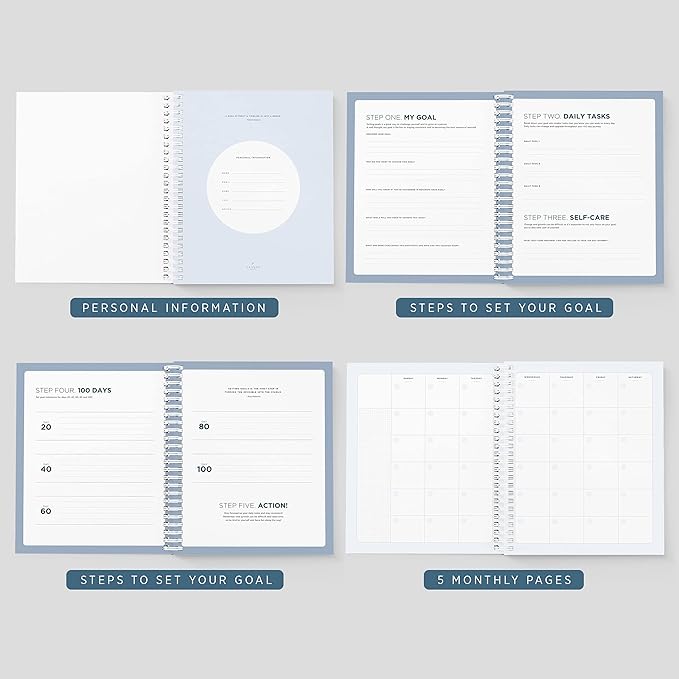 La Lune Undated Goal Journal by Bright Day, Inspirational Appointment Productivity Planner, To Do Habit Tracker Book, Spiral Binding With Cover (8.75" x 7.25")