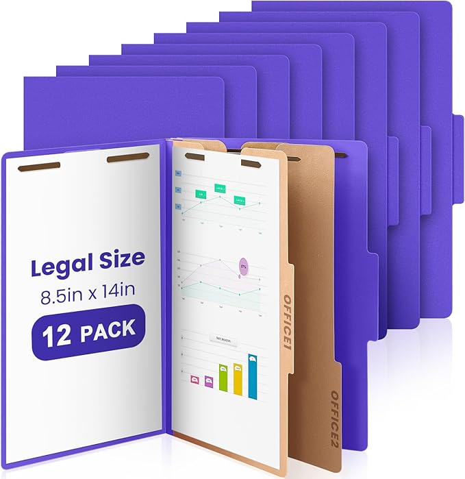 AmazingSpark 12 Pcs Legal Size Classification Folders 2 Divider, Bulk Pressboard File Folder with Expansion 2 Prongs Fastener Heavy Duty Office File Organizer for School Hospitals Home(Purple)