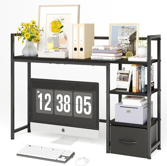 Desk Shelf with Drawer, 41.3" Desktop Organizer Shelf, Desk Hutch for Computer Monitor Max 32", 3 Tier Desktop Display Rack, Wooden Desk Top Bookshelf Storage Rack for Home Office Dorm, Black