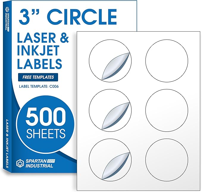 3" Printable Round Labels for Laser and Inkjet Printers - 3000 Blank Labels, 500 Sheets for Business Logos, Thank You Stickers, Price Tags, QR Codes - Spartan Industrial Template C006