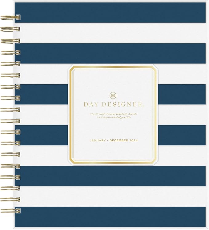 Blue Sky Day Designer 2024 Daily and Monthly Planner, 8" x 10", Frosted Cover, Wirebound, Navy Stripe (142098-24)
