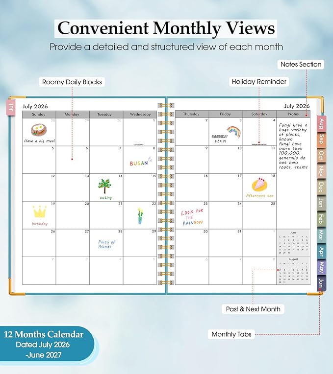 Academic Planner 2026-2027, Hardcover Leather Weekly and Monthly Calendar Planner from July 2026 - June 2027, A5 6.1" x 8.2" Daily Agenda with Tabs, College School Organizer for Student Teacher, Pacific Green