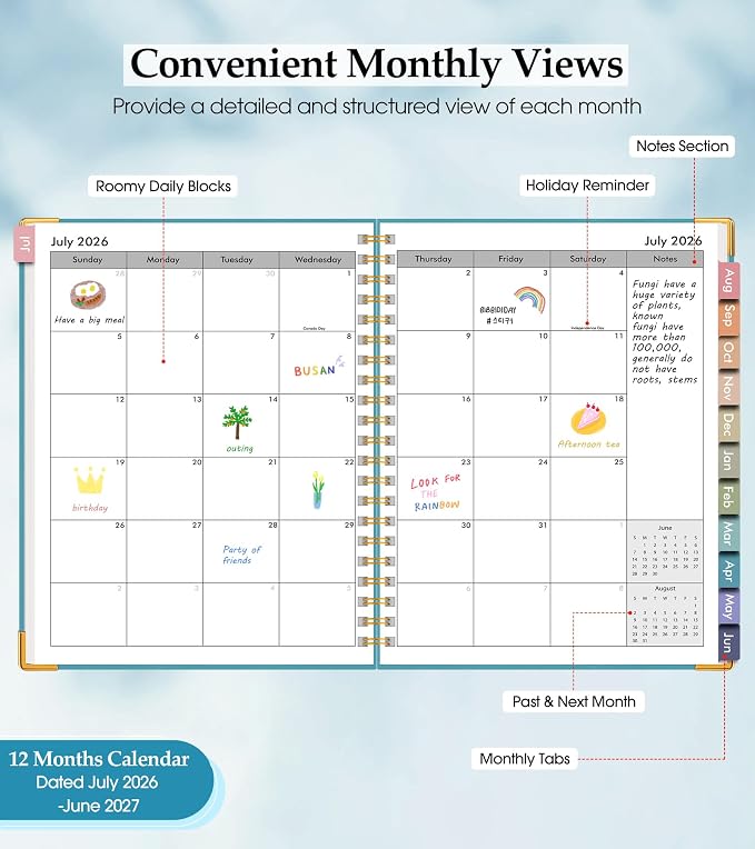 Academic Planner 2026-2027, Hardcover Leather Weekly and Monthly Calendar Planner from July 2026 - June 2027, A4 8.5" x 11" Daily Agenda with Tabs, College School Organizer for Student Teacher, Pacific Green