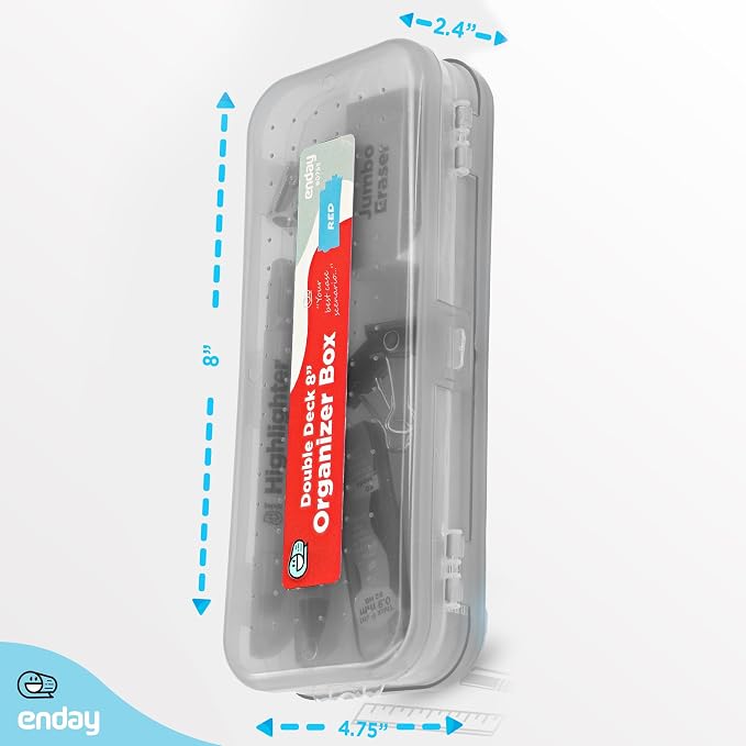 Enday Pencil Box Grey, Plastic Double Deck Pencil Case with 7 Compartments, Box Organizer with Snap Closure for Home and Office
