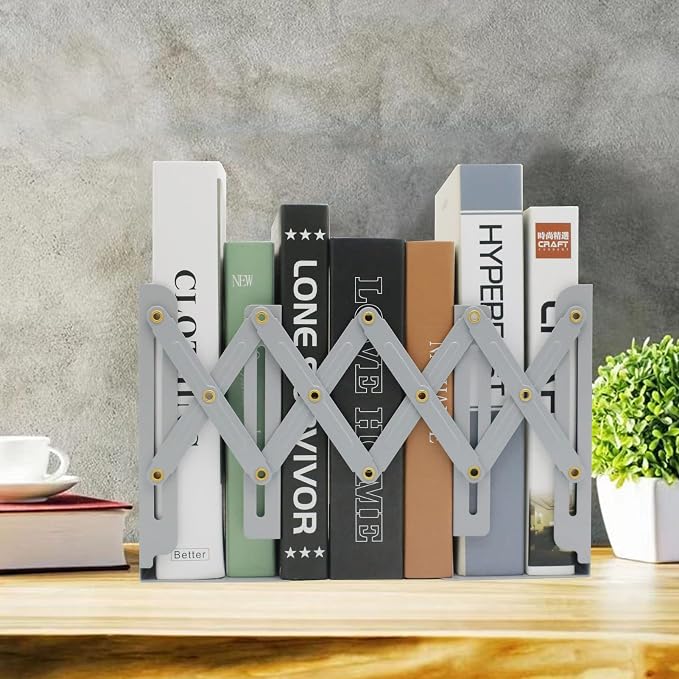 Adjustable Metal Bookends Heavy Duty for Shelves, 2 Dividers, Anti-Slip Design Expandable Book Ends for Desk, Office(Gray, 19 inches Max)