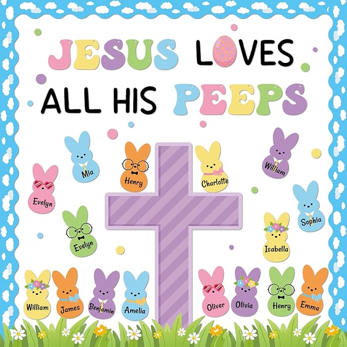 Easter Christian Bulletin Board Set Jesus Loves All His Classroom Decorations Bunny Cross Eggs Religious Bulletin Board Cutouts for Easter Spring Sunday School Church Chalkboard Decor Supplies