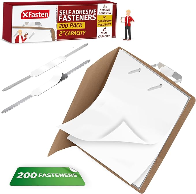 XFasten Self Adhesive Fasteners 2 Inch Capacity 200-Pack Archival-Grade Two Prong Paper Fasteners 2 Inch for Metal File Fastening, Folders, Medical Reports, Thick Paper Stacks, and Folder Accessories
