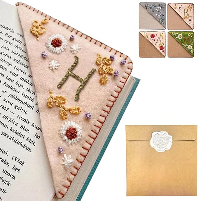Personalized Hand Embroidered Corner Bookmark, 26 Letters Hand Stitched Felt Corner Letter Bookmark, Cute Flower Embroidery Bookmarks for Book Reading Lovers Meaningful Gift（Spring，H