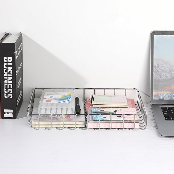 BTSKY Multipurpose A4 File Tray Wire Desk Tray Organizer Elegant Letter Size Desk Documents Tray Magazine Files Storage Basket Organizer Bin for Office Cosmetics Bathroom (Silver)